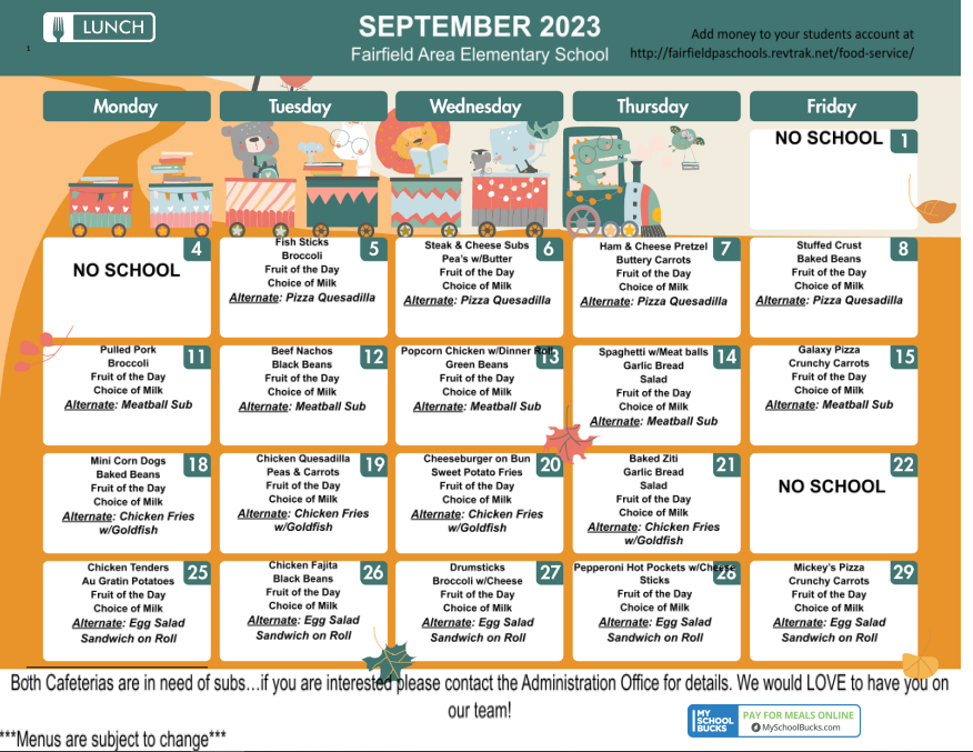 September 2023 Elementary Lunch Menu